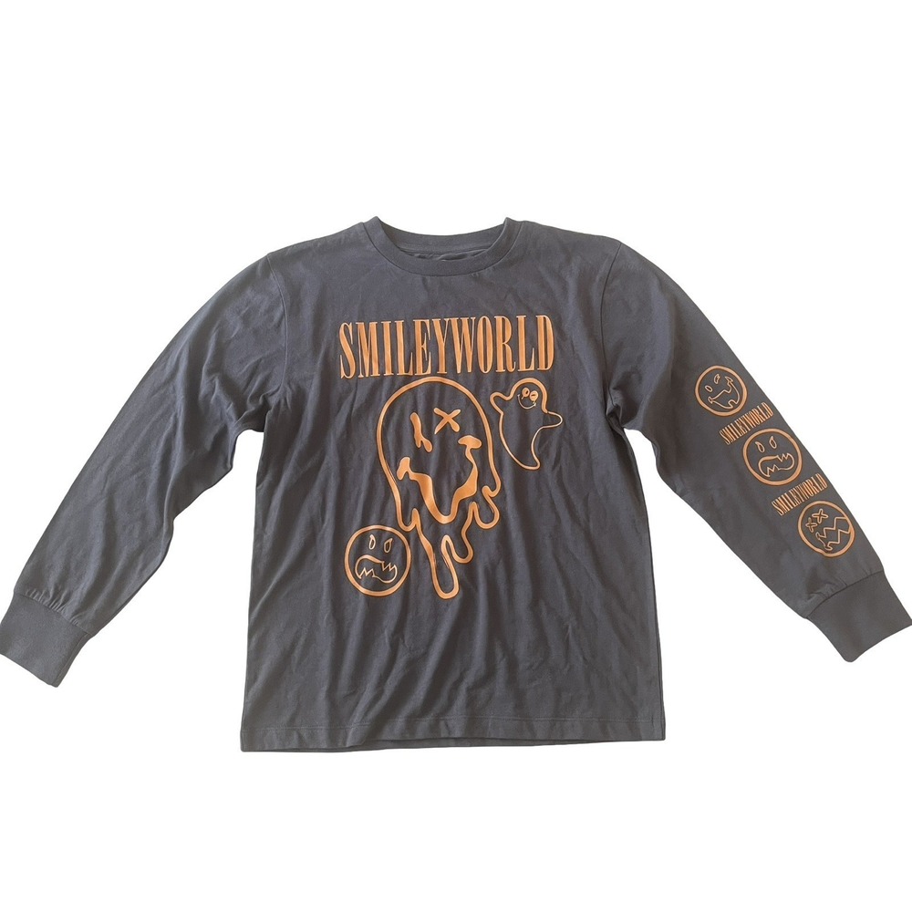 Smiley World Kids Size M Long Sleeve T-Shirt Gray Orange Ghost Spooky Halloween